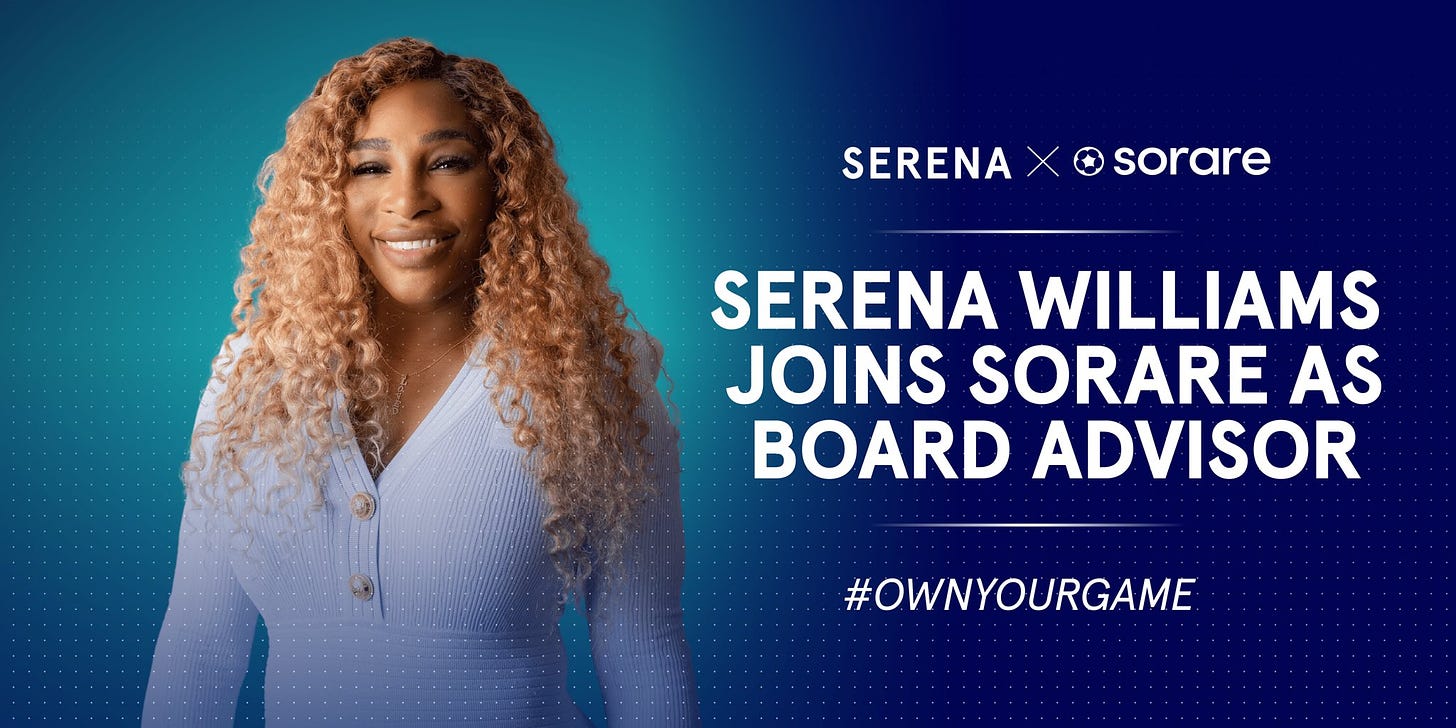 Serena Williams on Twitter: "GM @Sorare Excited to join as Board Advisor  and shape Web3 and the future of sports fandom. https://t.co/T7Sy7pB3M4" /  Twitter