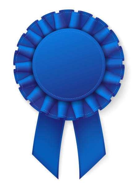Blue realistic award badge. Fabric ribbon with texture. White thread border. Eps10 vector blue ribbon stock illustrations