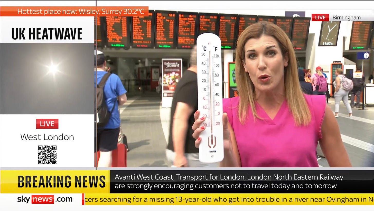 A Sky News reporter brandishes a large thermometer to illustrat that it's hot