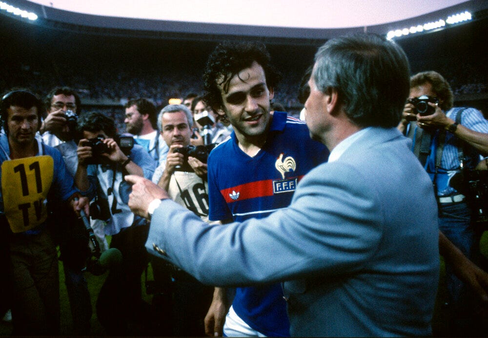 Michel Platini and Michel Hidalgo after the 1984 European Championship final