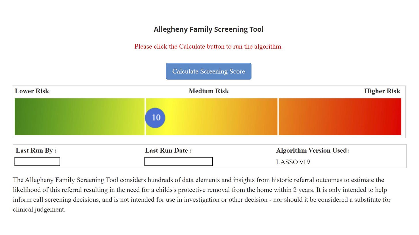 This image provided by Allegheny County Department of Human Services in Pennsylvania shows the interface for the Allegheny Family Screening Tool, which the county says social workers use to predict the likelihood that a child will be placed in foster care in the next two years. (Allegheny County Department of Human Services via AP)