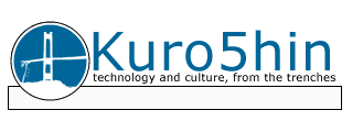 The old teal blue Kuro5hin title and tagline “technology and culture, from the trenches.” The logo is a silhouette of the original Tacoma Narrows bridge after it collapsed in 1940.