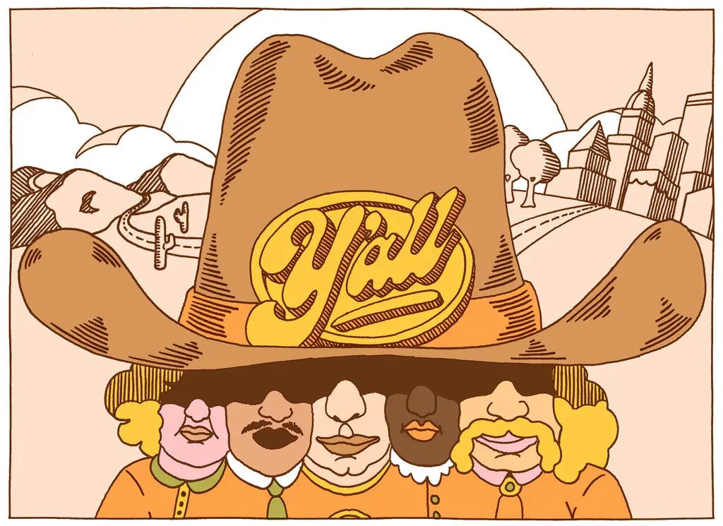 Image shows five people, of different races, ethnicities, and genders, gathered under a cowboy hat bearing the word "y'all"