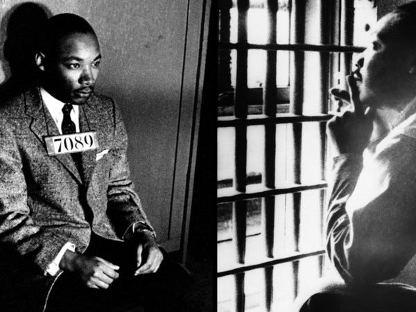 Two photos of Martin Luther King. On the left, he is being posed for a mug shot. On the right he is sitting in a prison cell.