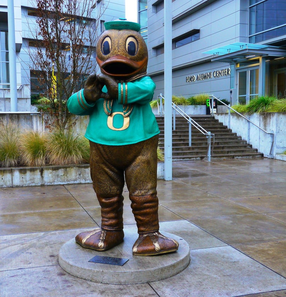 Oregon Duck in Front of Matthew Knight Arena