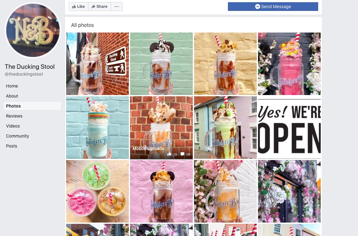 Facebook page with images of a variety of different flavoured milkshakes. 