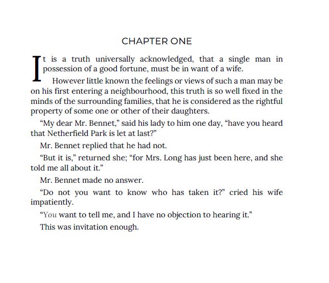 A typeset page of text showing the words "Chapter One" in Montserrat display font and the first several paragraphs from Pride and Prejudice in Lora body text.