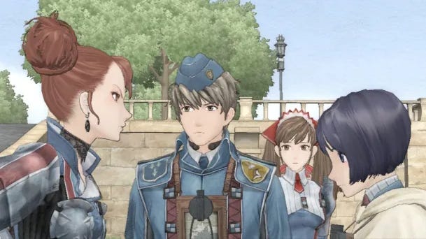 A screenshot from Valkyria Chronicles featuring Rosie, Welkin, Alicia, and Isara, where Rosie is, as she so often was, angry at Isara for being Darcsen, a group of people she is racist against.
