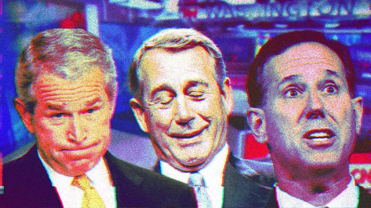 Composite photo of George W. Bush, John Boehner and Rick Santorum with the CNN studio in the background. All three are making dumb faces.