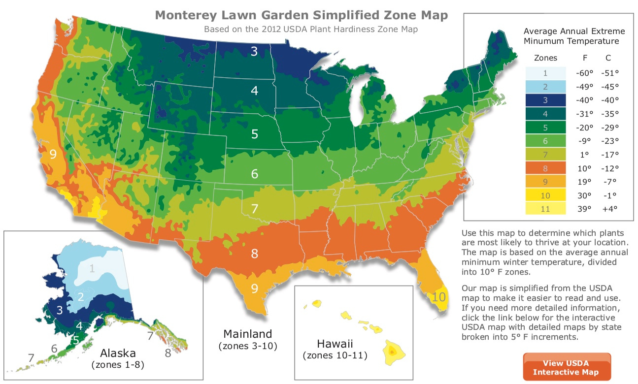 Monterey Lawn and Garden produced this version of the USDA Zone map. Much easier to read than the bureaucratic version.