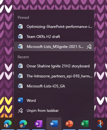 Pin a Word document to the Windows taskbar.