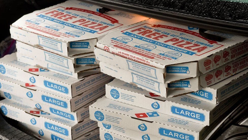 Dominos Pizza boxes.