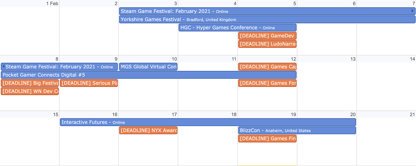 A screen-grab from calendar featuring events and deadlines.