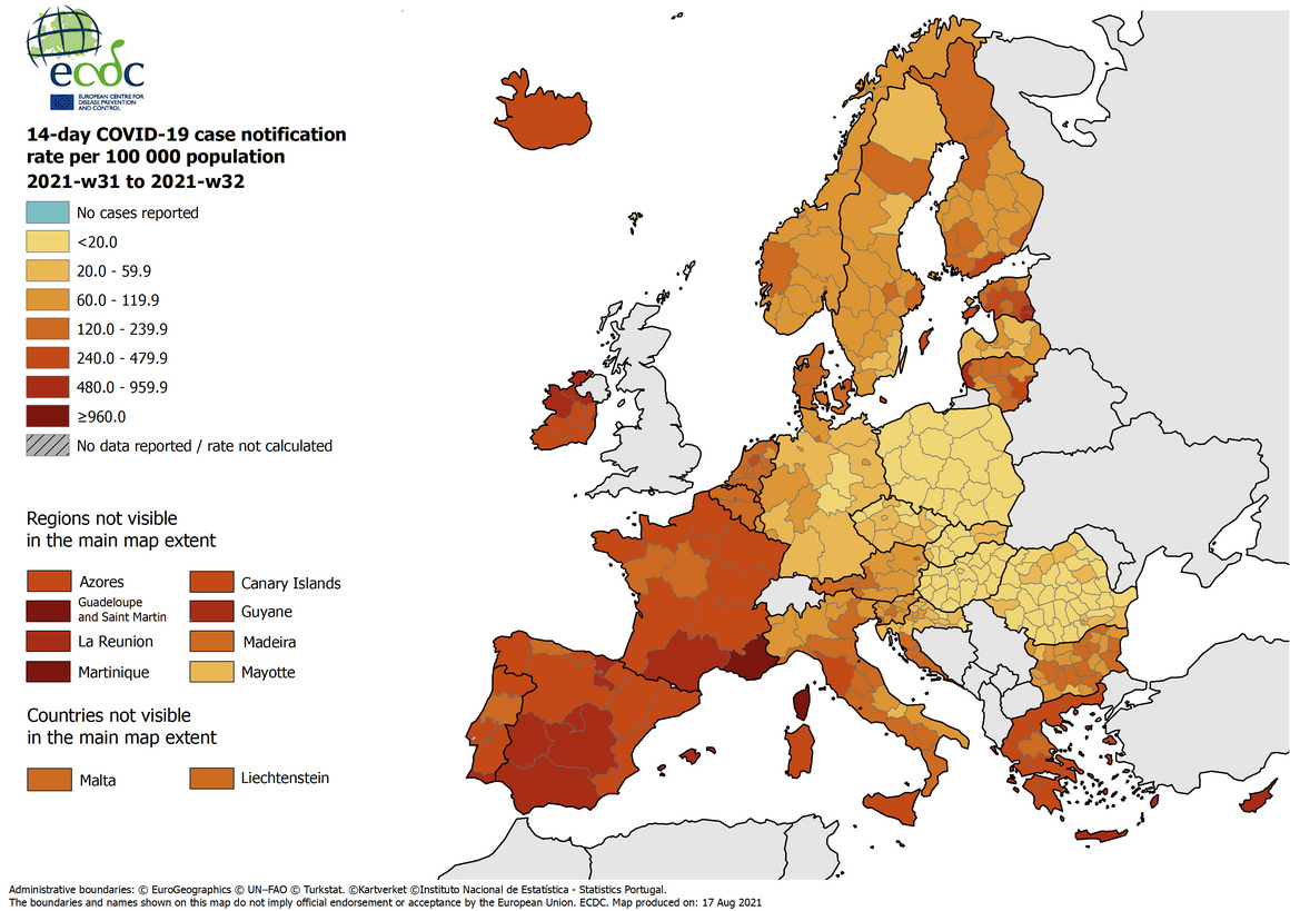 14-day COVID-19 case notification rate per 100 000, weeks 31-32