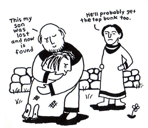 A cartoon father hugs one son who is kneeling and crying, proclaiming him found, while the brother in the background says "He'll probably get the top bunk, too.'