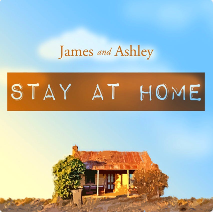 The title image of 'James and Ashley Stay At Home' podcast. It is a photo of an isolated house with a tin roof, and a blue sky
