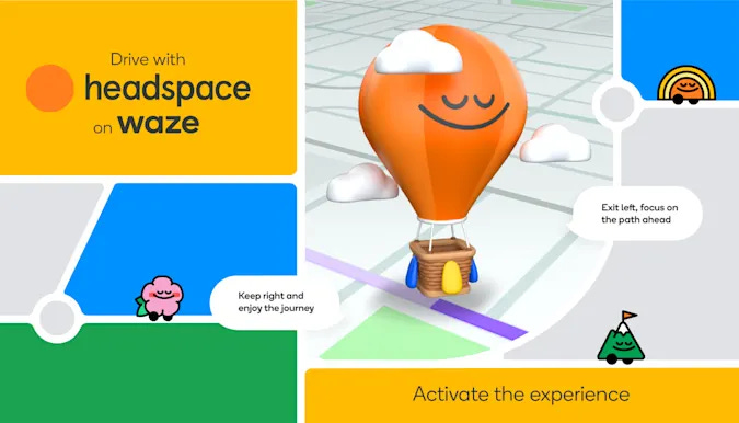 A graphic depicting the Headspace mindfulness experience in the Waze driving app.
