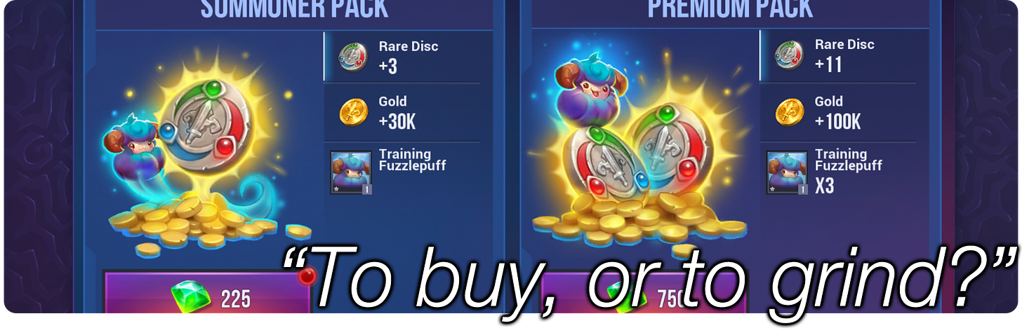 A screenshot of a mobile game and the caption "To buy or to grind?"