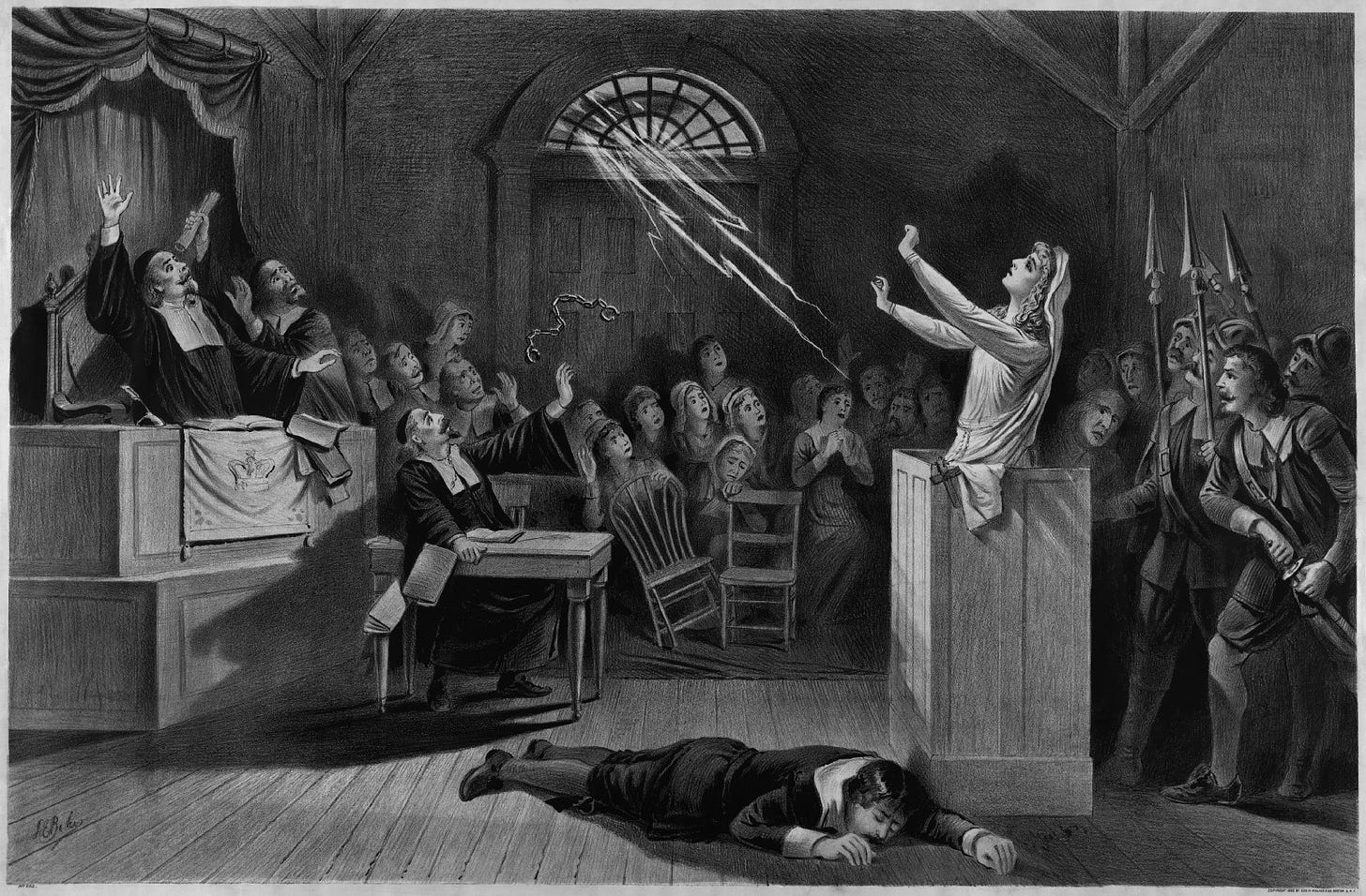 Salem witch trials: an accused witch channels powers from the sky as court members look on in fear