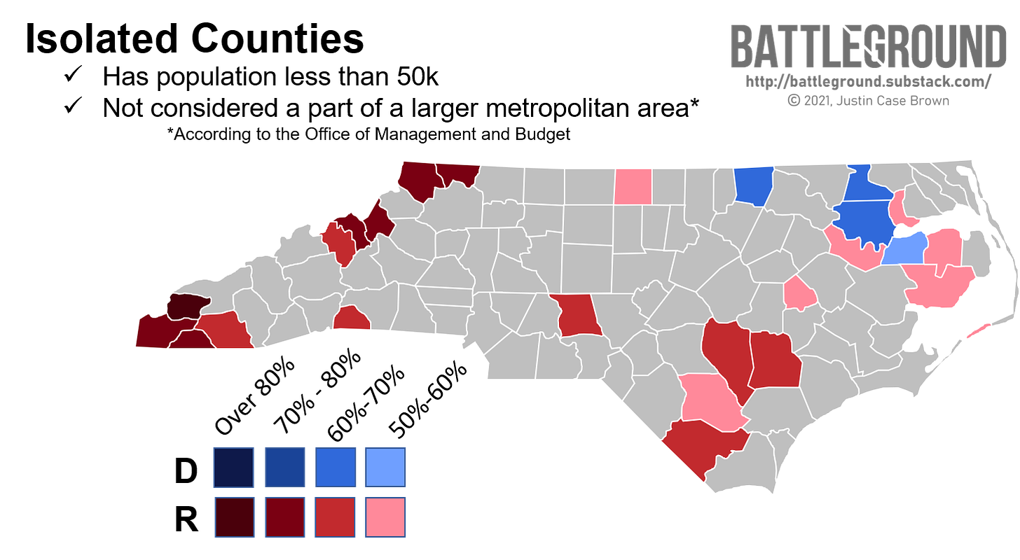 How isolated counties voted in North Carolina in 2020