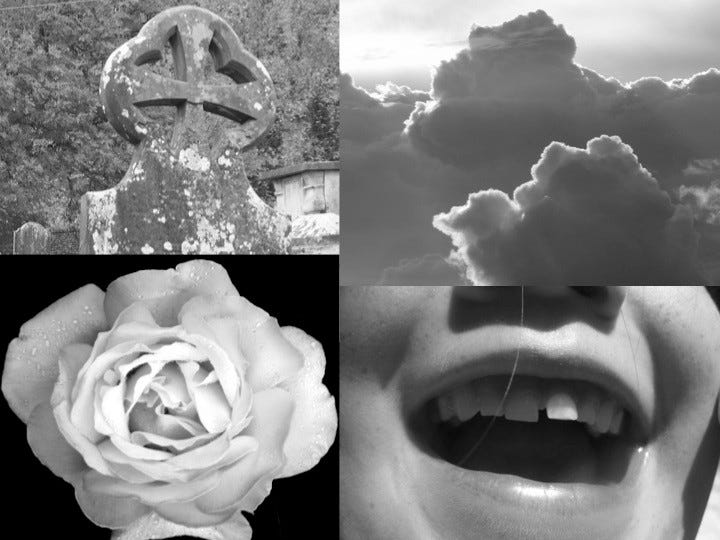 Composit of beautiful sky, child's smile, rose and ancient tombstone