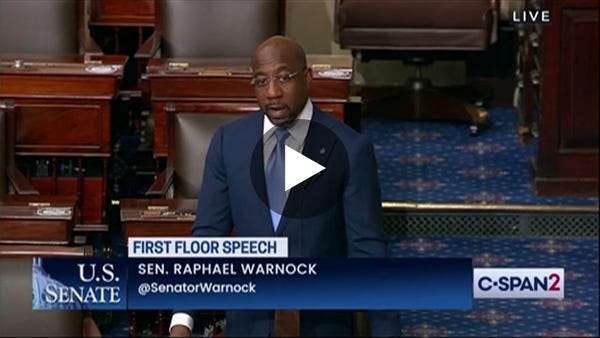 In his first speech on the Senate floor, Sen. Raphael Warnock (D-GA) condemns anti-Asian violence, shares the story of his ancestors, and persuades his colleagues to pass the For the People Act. It’s powerful. (22 min)