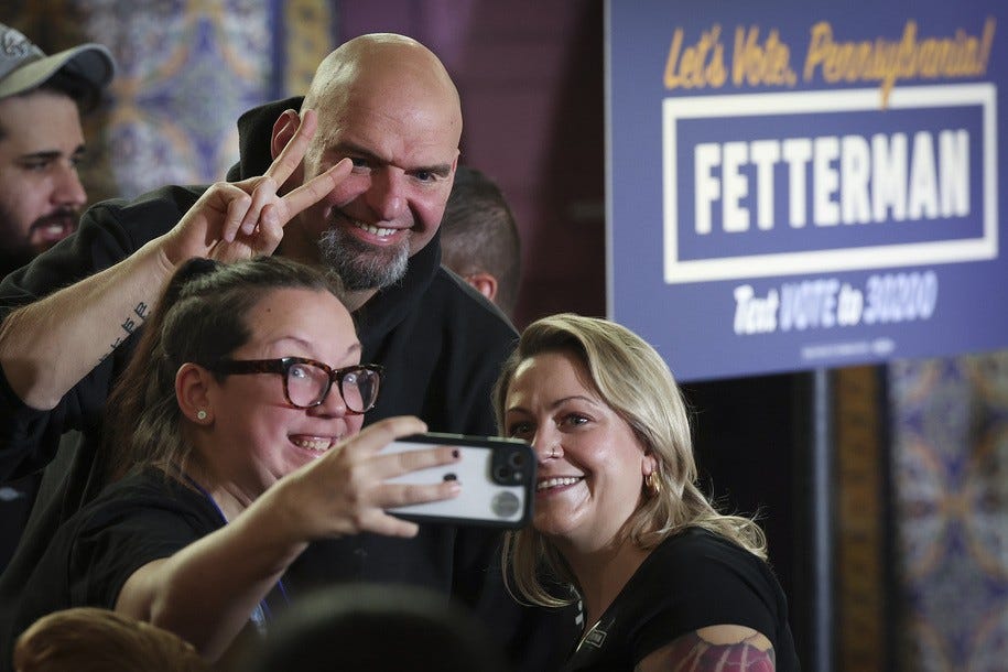 HARRISBURG, PENNSYLVANIA - NOVEMBER 06: Lieutenant Governor of Pennsylvania and Democratic U.S. Senate candidate John Fetterman greets supporters following a campaign event at the Zembo Shrine Auditorium November 26, 2022, in Harrisburg, Pennsylvania. Fetterman faces Republican candidate Dr. Mehmet Oz as in Tuesdayâ€™s midterm elections. (Photo by Win McNamee/Getty Images)