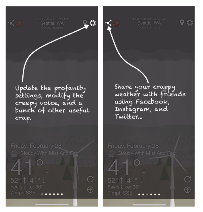 A “Deck of Cards” tutorial for a Mobile App. It has many useless explanations like “Share your crappy weather with friends using Facebook, Instagram, and Twitter” while highlighting the very common share icons of companies.