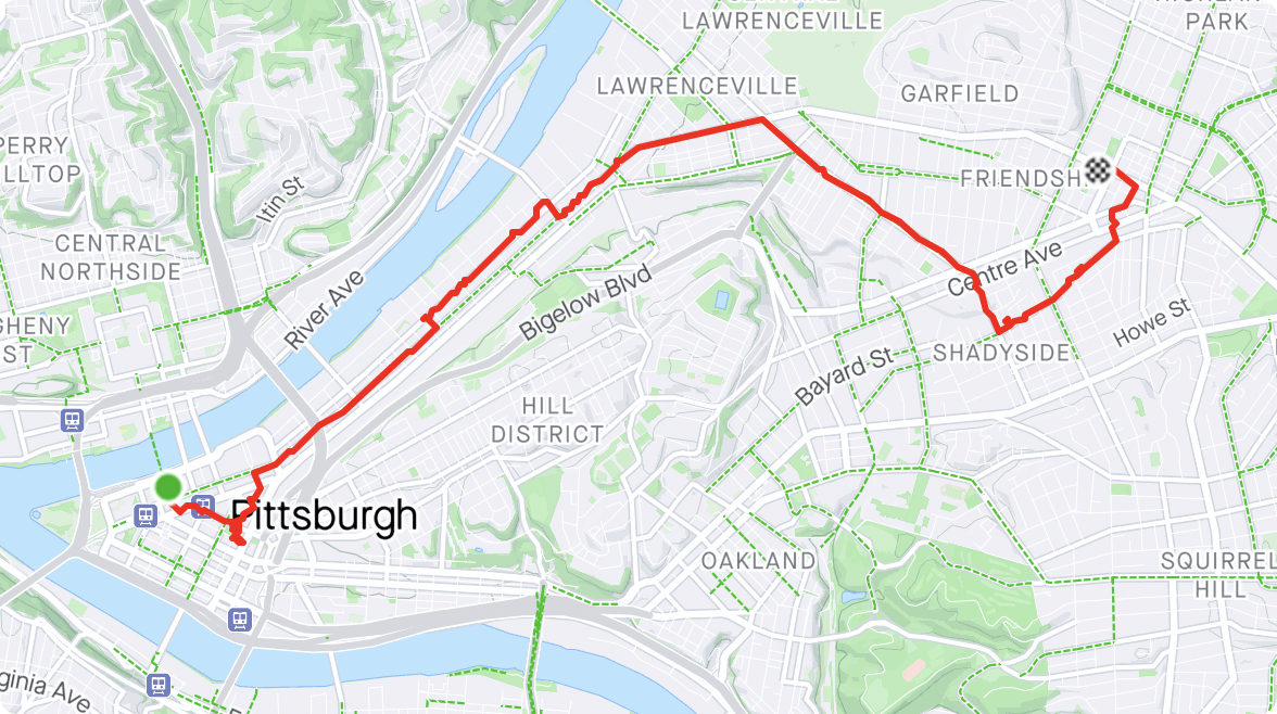 Map of my second walk in Pittsburgh, from the Strip District to Shadyside