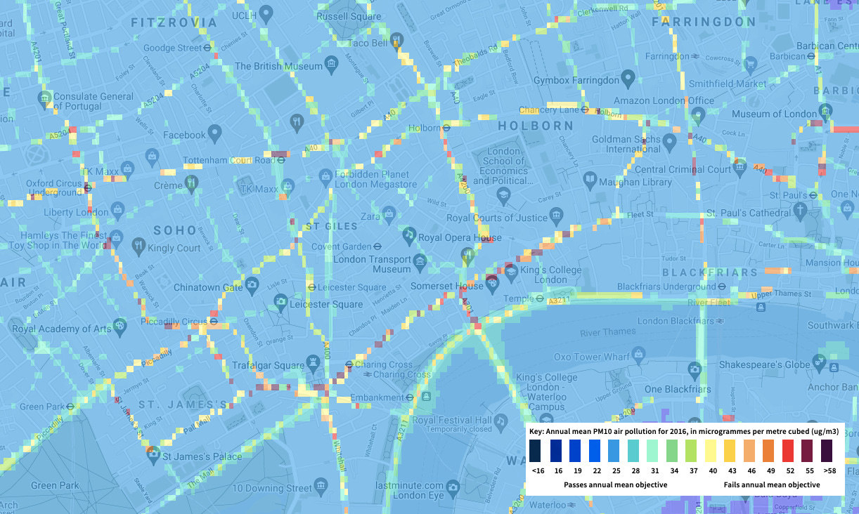 This map of Particulate Matter (PM10) is zoomed into Soho and Holburn in London. It shows concentrations of unsafe levels of PM10 along The Strand and around Trafalgar Square