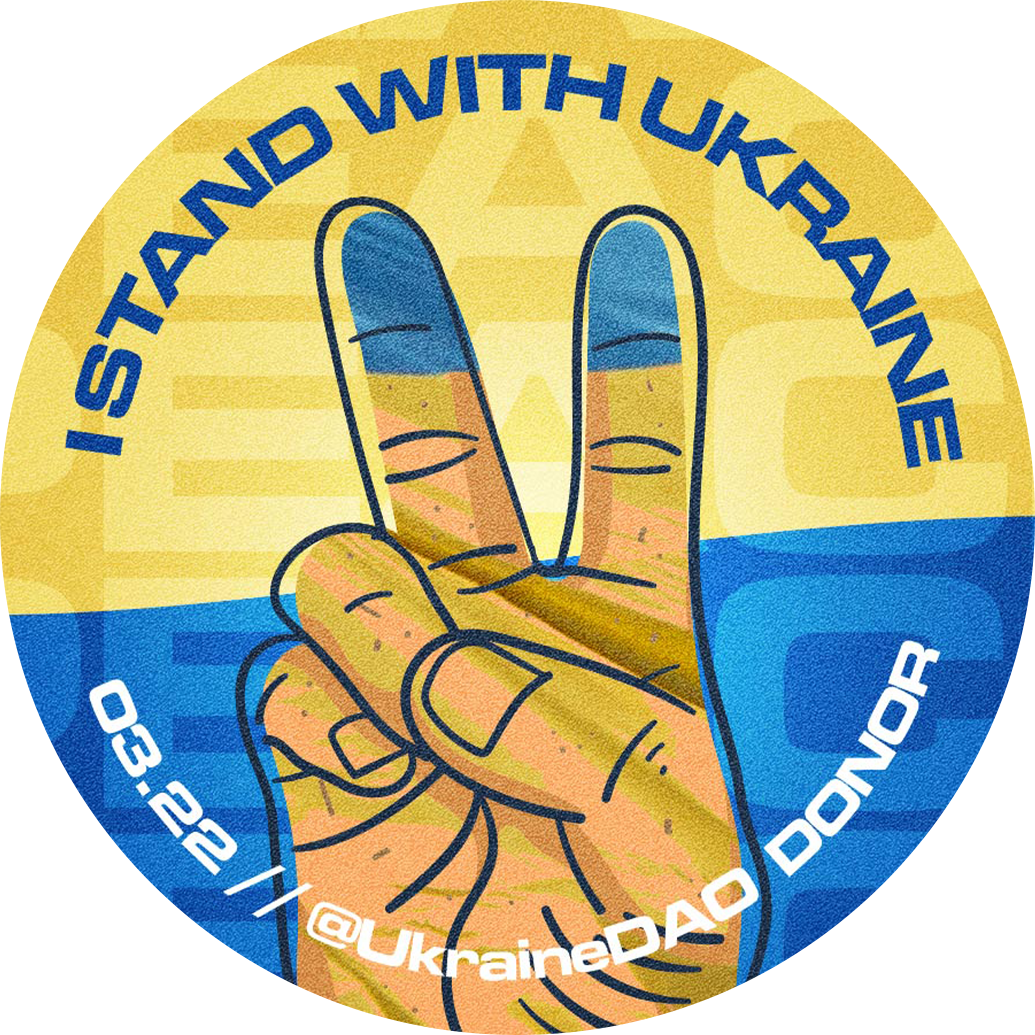 Fingers showing the peace sign in front of a Ukraine flag
