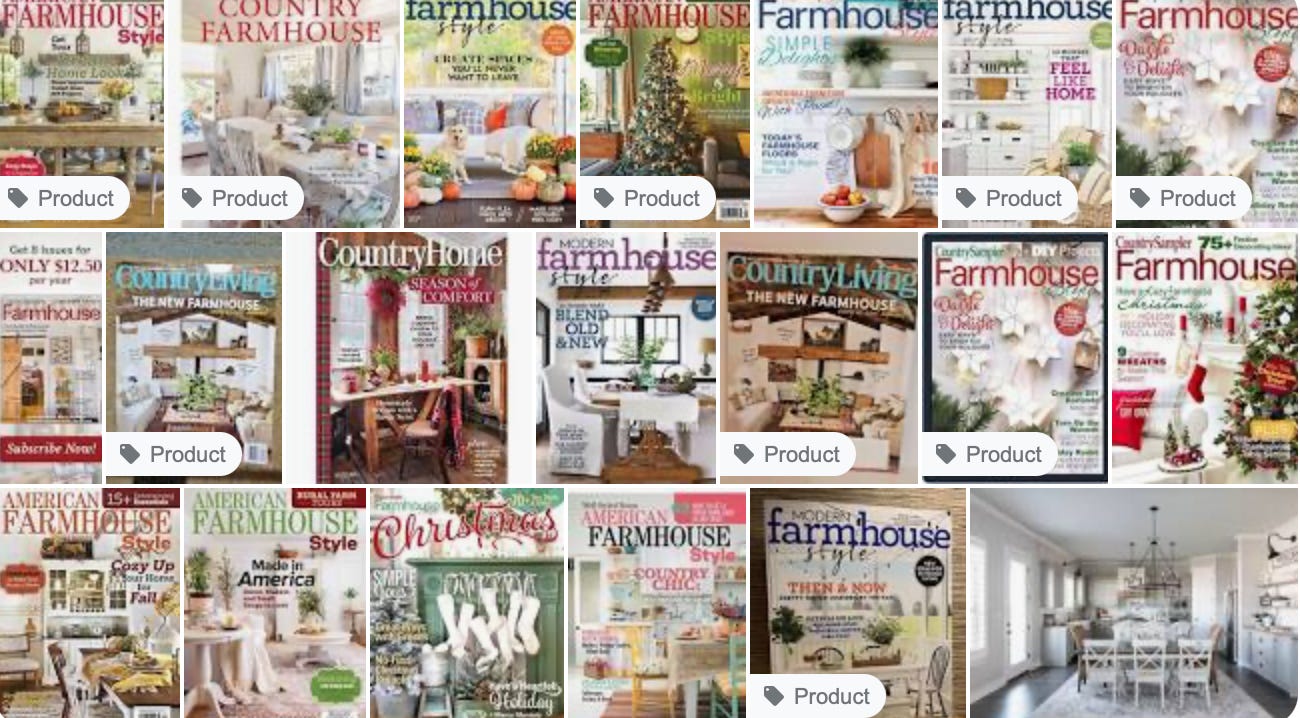 an image of three rows of farmhouse magazines from all seasons that I googled 