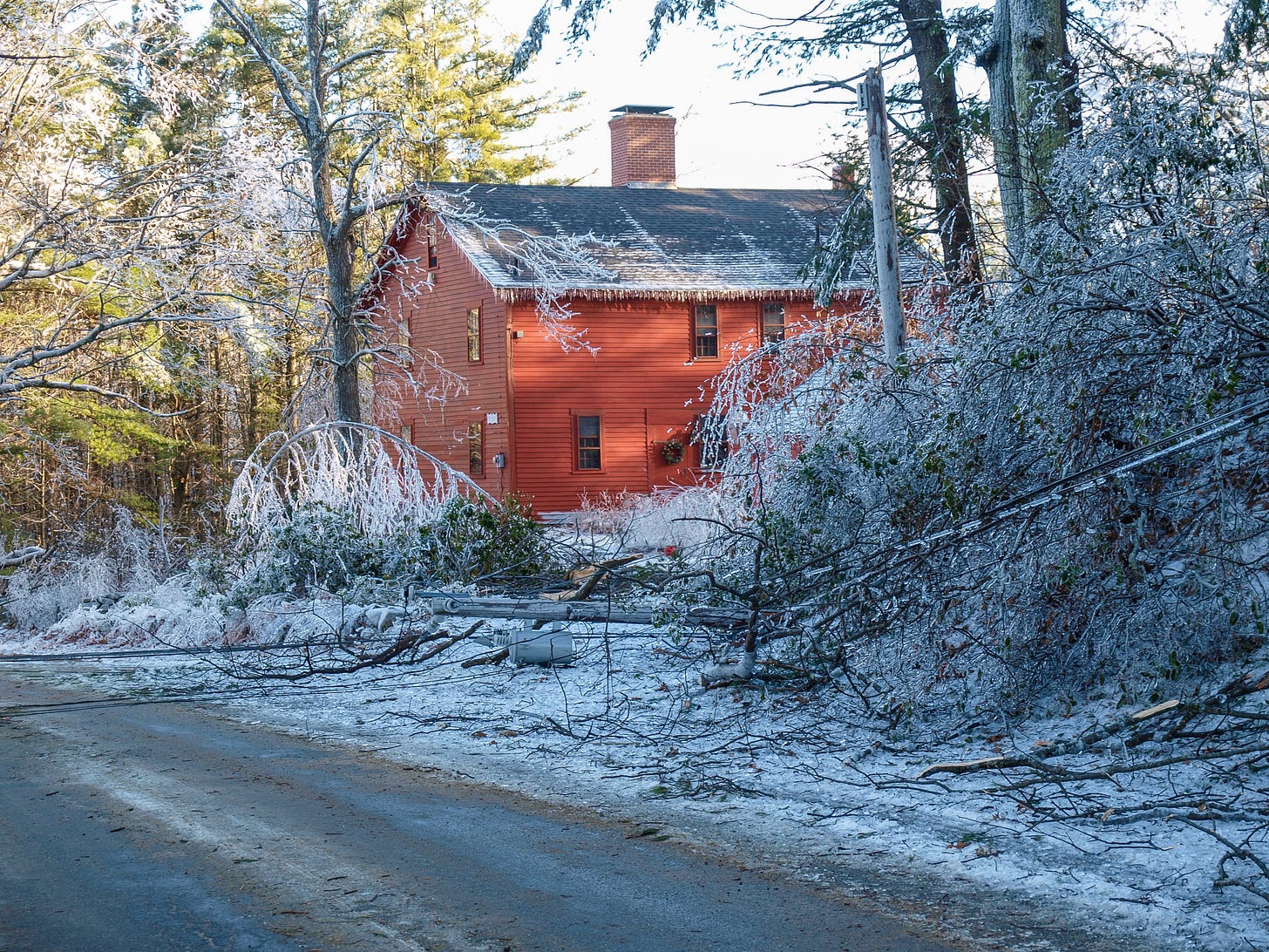 Red house in ice storm