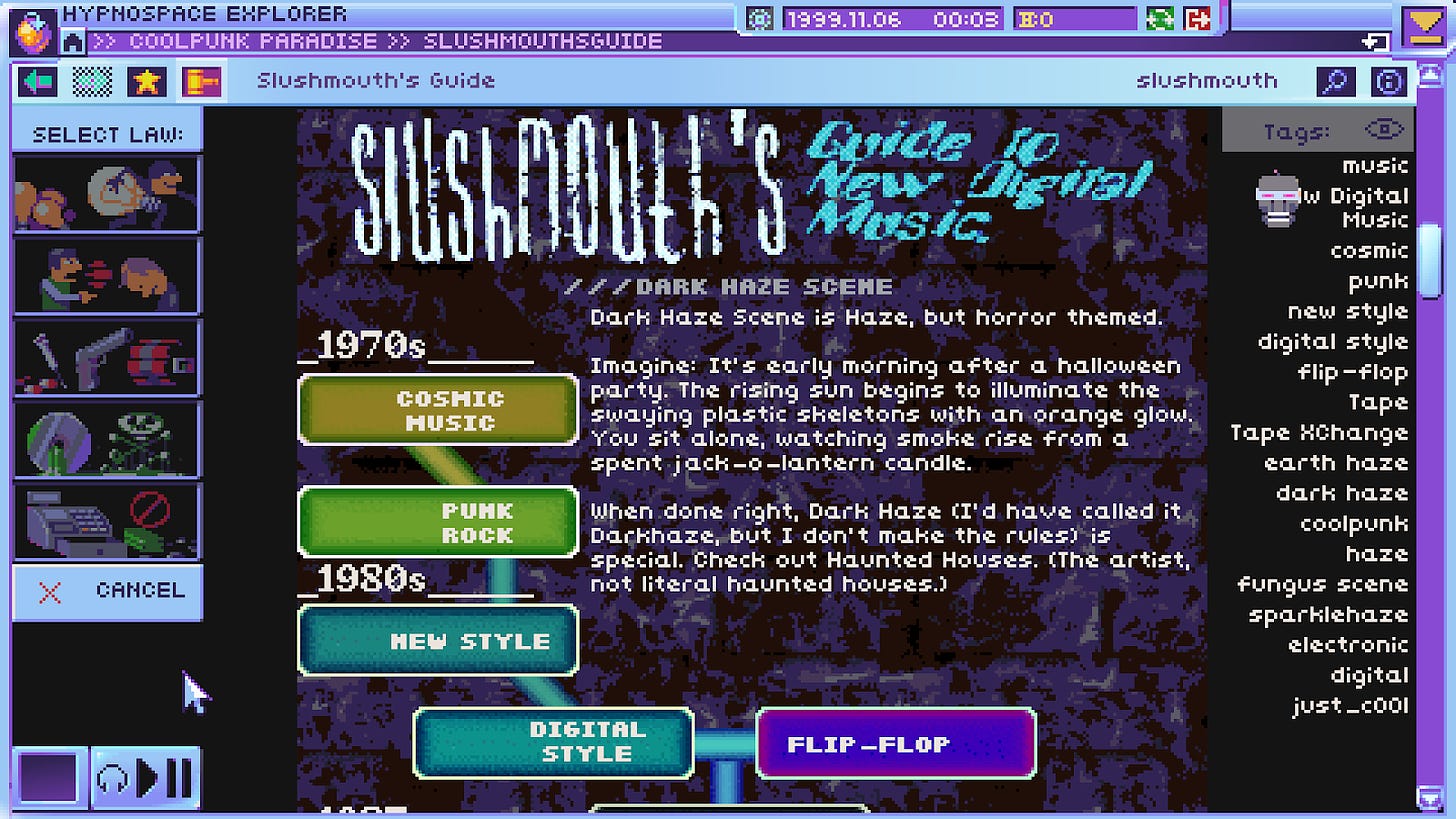Screen shot from the game Hypnospace Outlaw showing a pixel art style web browser window