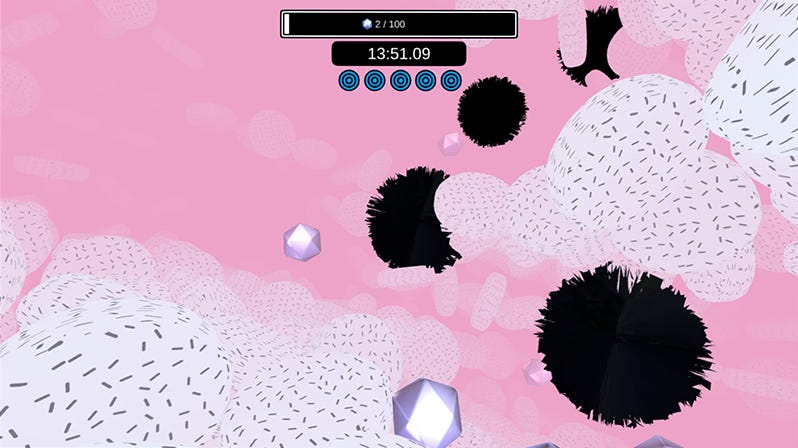 Screenshot of Ambienz with abstract shapes and shining gems against a pink background