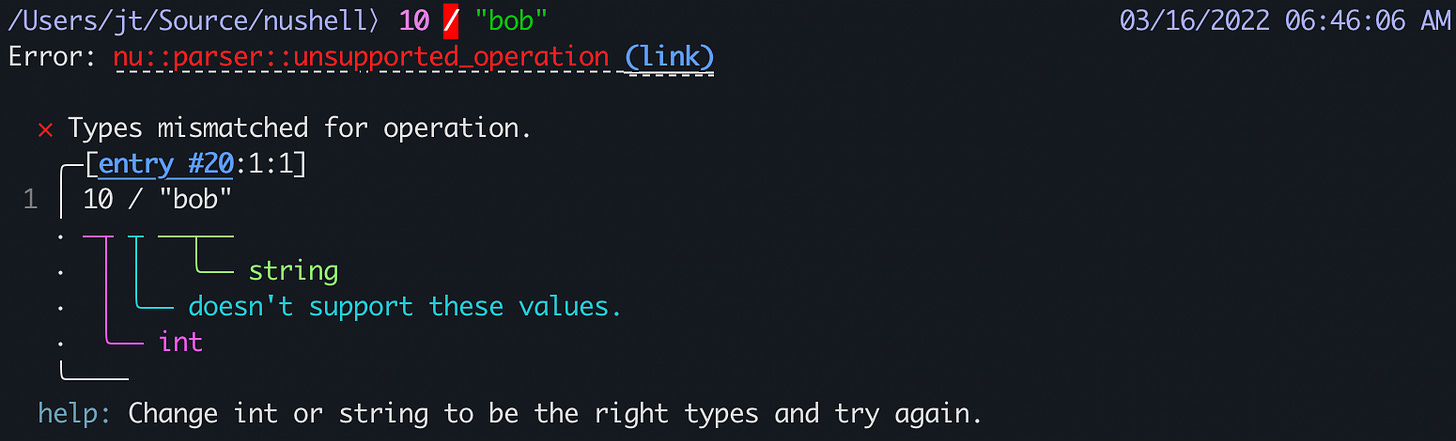 Screenshot showing Nu catching a type error