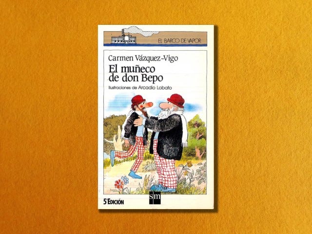 Portada de El muñeco de don Bepo, muestra al anciano sosteniendo a su muñeco. Ambos visten pantalones de cuadros rojos y blancos, y sombrero rojo.