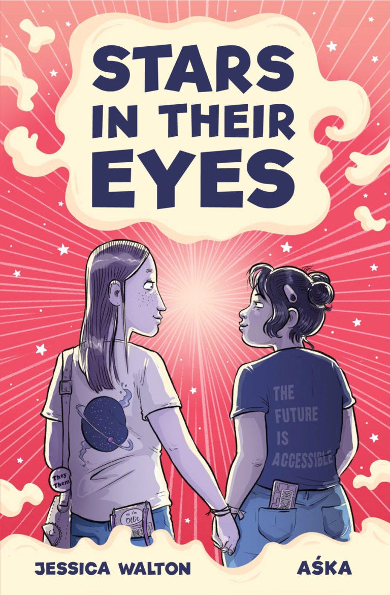 The cover of Stars In Their Eyes. It has two teenagers holding hands. One is wearing a Nasa shirt and the other is wearing one that says 'the future is accessible'