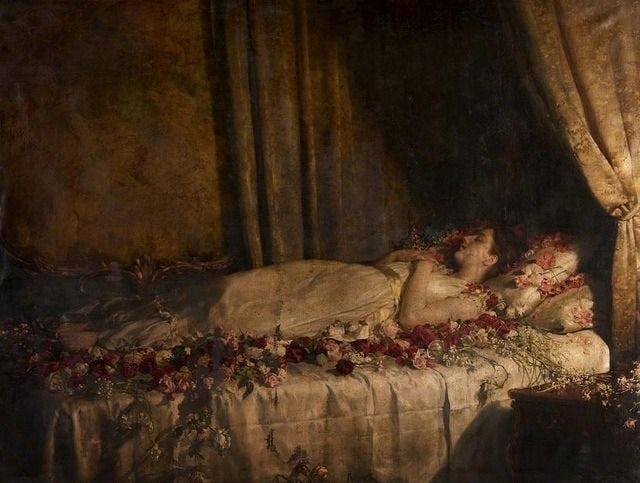 Image of The Death of Albine painting by John Collier - a deceased young woman lying on a bed covered by flowers.