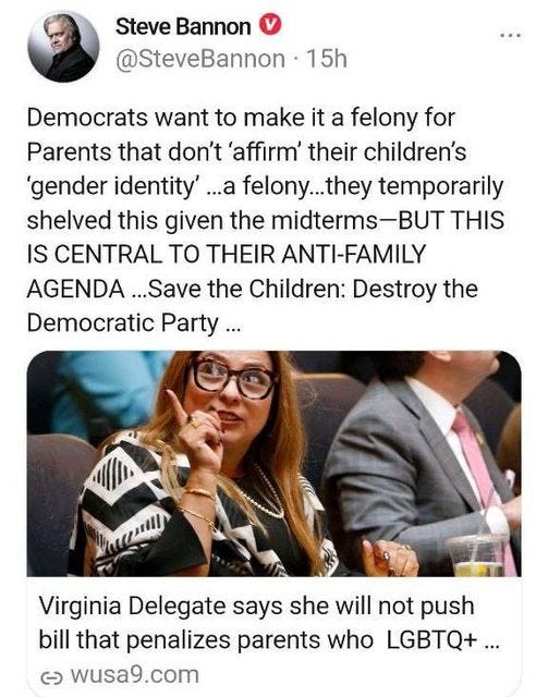 May be an image of 3 people and text that says 'Steve Bannon @SteveBannon 15h Democrats want to make it a felony for Parents that don't 'affirm' their children's 'gender identity' ...a felony.. temporarily shelved this given the midterms-BUT THIS IS CENTRAL ΤΟ THEIR ANTI-FAMILY AGENDA ...Save the Children: Destroy the Democratic Party... Virginia Delegate says she will not push bill that penalizes parents who LGBTQ+... G wusa9.com'
