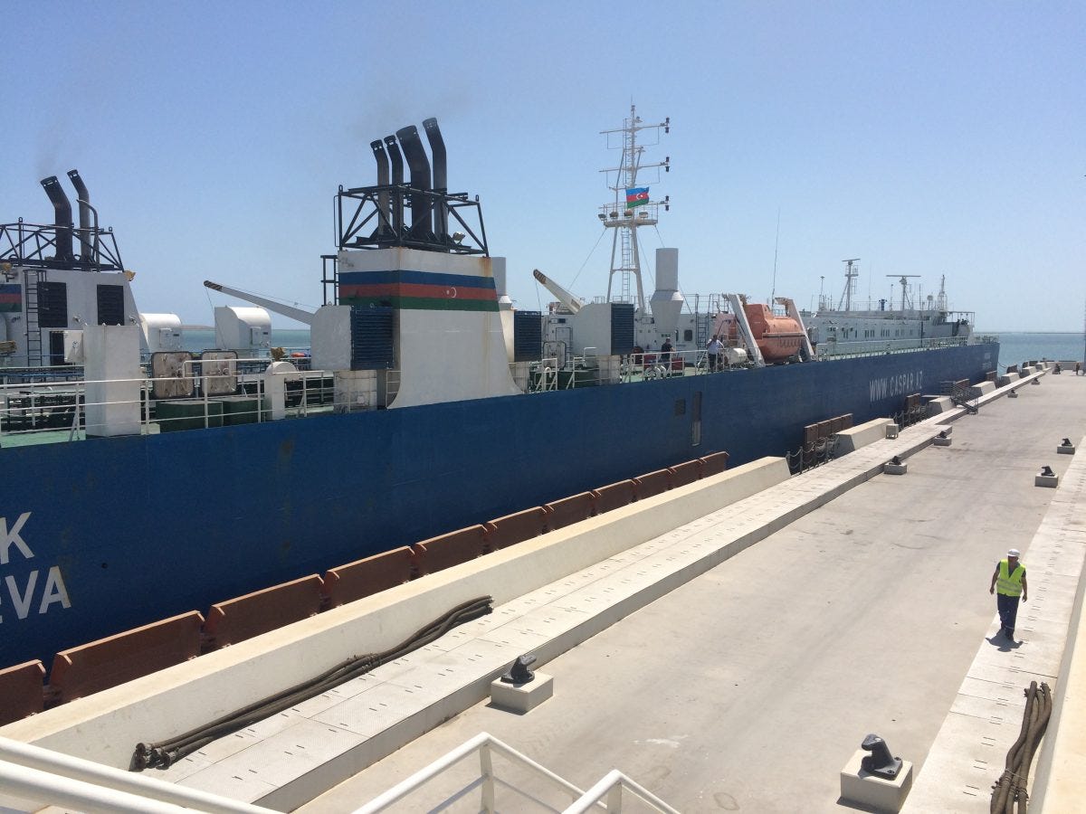 Ferry at the New Port of Baku at Alyat preparing to depart for Aktau. Image: Wade Shepard.