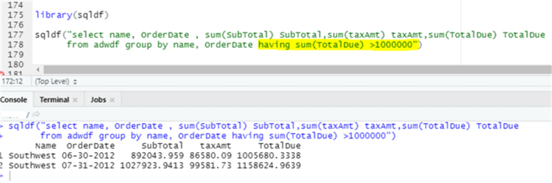 sqldf in R Example for SQL Server
