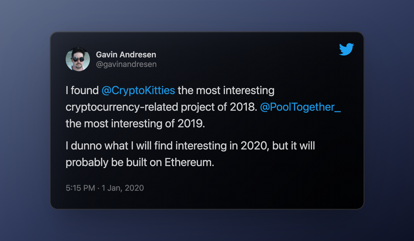 Satoshi deu o controle do Bitcoin para Gavin Andresen. Gavin adora PoolTogether, e você? Link para o tweet.