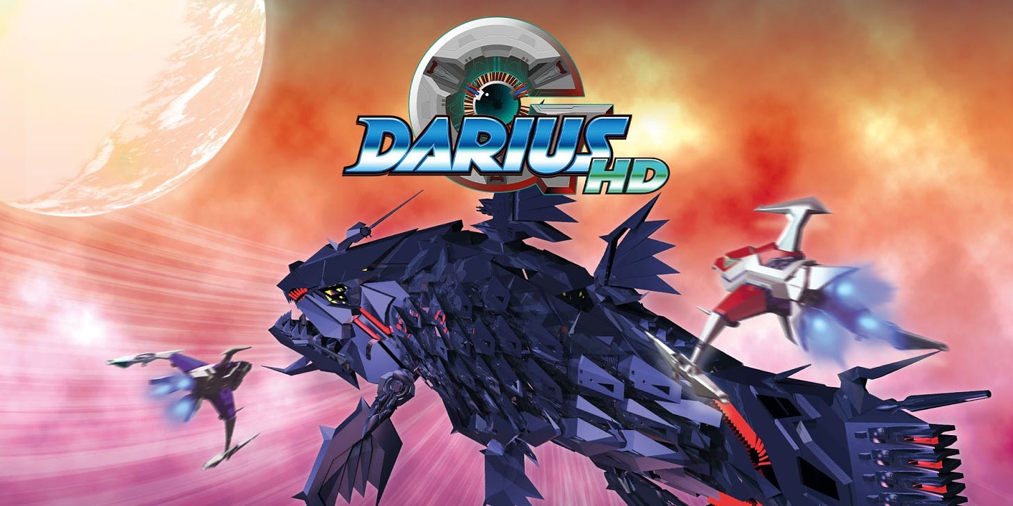 Promotional artwork for G-Darius HD, featuring two Silver Hawks and a fish-like boss ship.