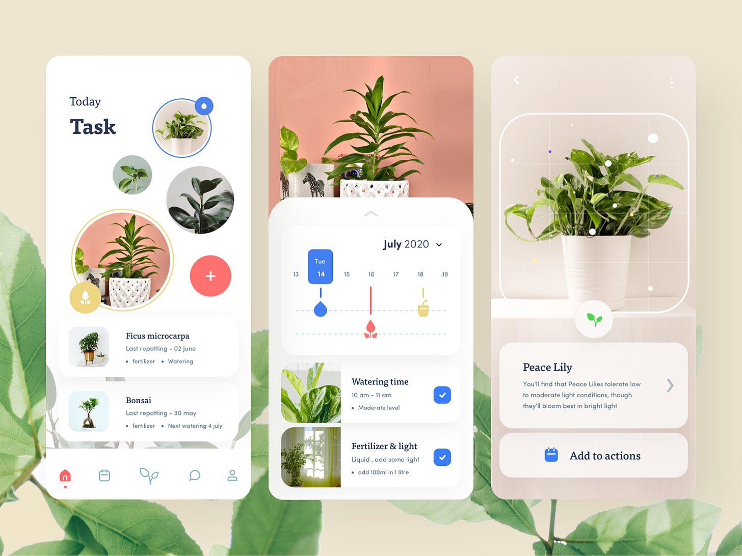 Plant growing app task lilly fertilizer growing morning garden water pot leaves branding nature typography design app sudhan illustration plants