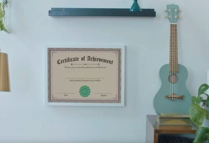 An incredibly fake looking ‘Certificate of Acheivement’ hangs next to a Ukulele, Because OF COURSE she has a ukulele. Amanda Palmer has a lot to answer for.