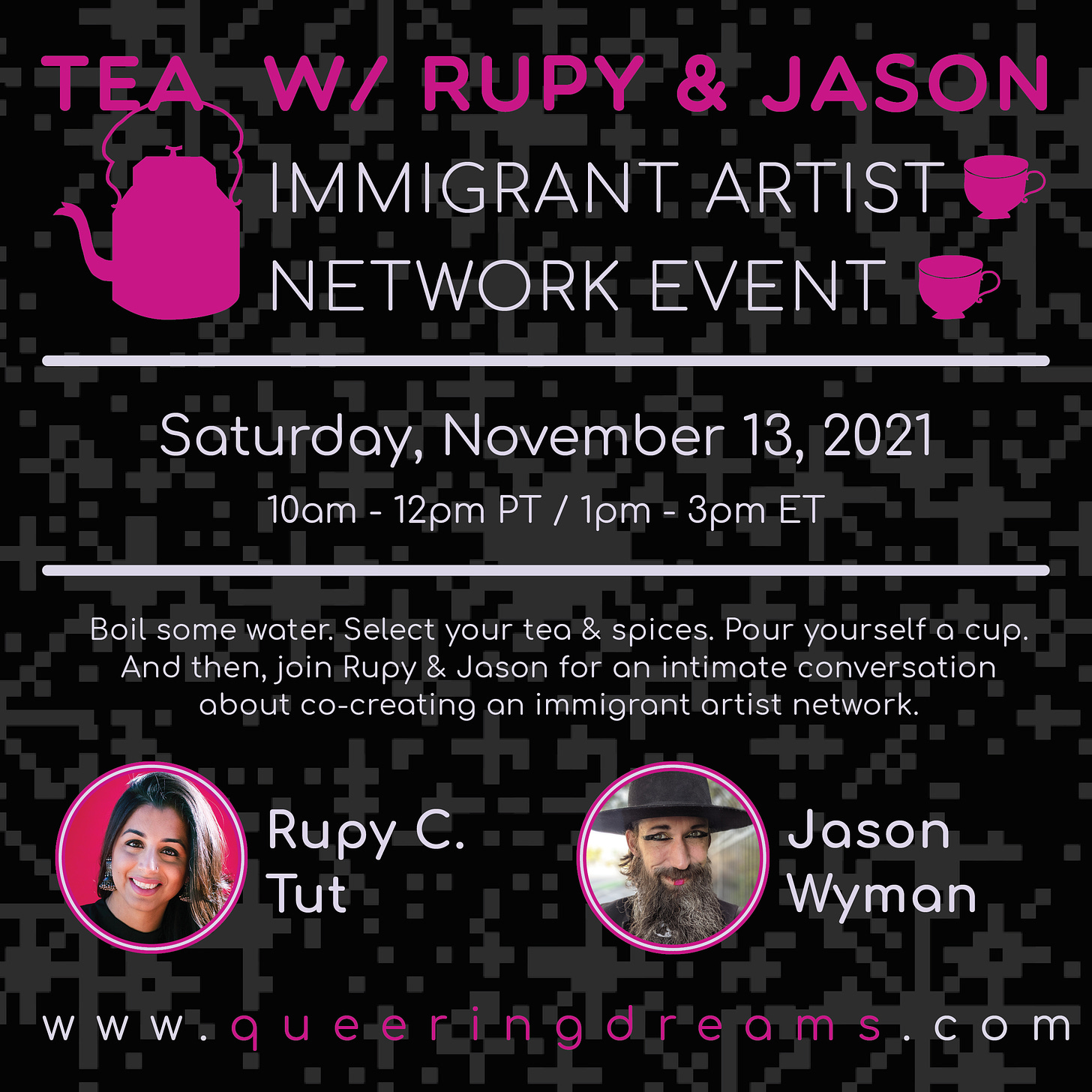 A digital flyer for Tea with Rupy & Jason