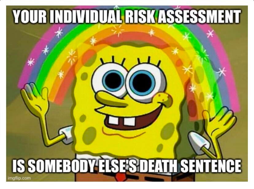 spongebob with a rainbow between his outstretched hands the caption reads your individual risk assessment is somebody else's death sentence