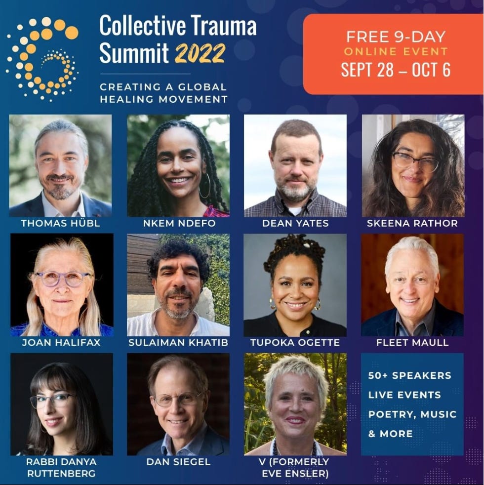 Photos of a bunch of people who'll be speaking at the collective trauma summit 