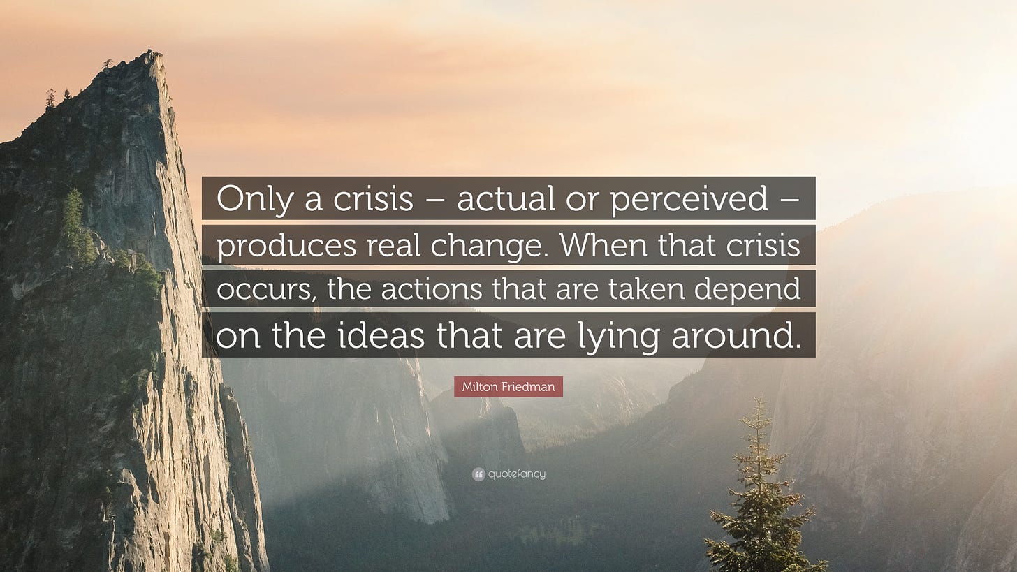 Milton Friedman Quote: “Only a crisis – actual or perceived – produces real  change. When that crisis occurs, the actions that are taken depend o...”